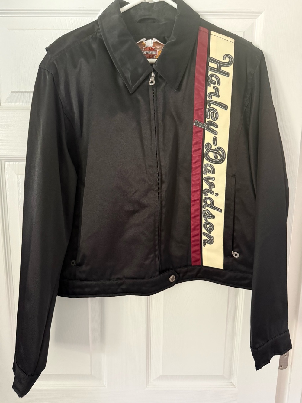 Women’s Harley-Davidson Nylon Black Jacket with Cream and Burgundy Stripe
